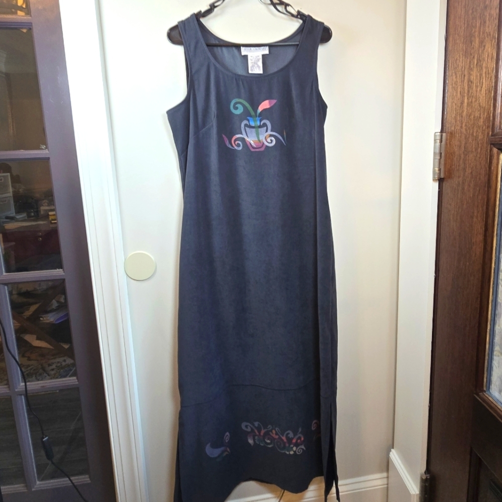 Vintage Jessica Howard Sleeveless Dress Charcoal Bottom Slits Screenprinted 12TL